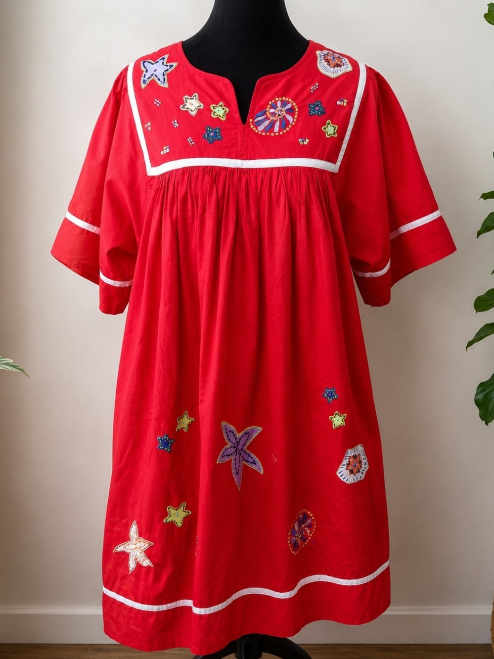 Bechamel Petites PS Red Beaded Embroidered Cotton Dress Boho Artisan India